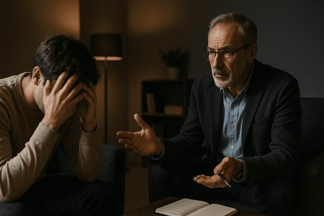 A therapy session unfolds in a clinical office with cool-toned lighting, where a young man appears tense while an older therapist listens attentively. The subdued mood and supportive setting subtly reflect the mental and emotional aspects tied to understanding dietary choices and interpreting food label information