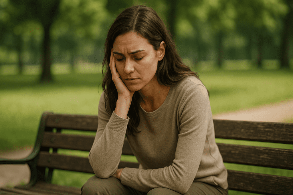 A young woman with wavy brown hair sits alone on a wooden park bench surrounded by soft green foliage, her thoughtful expression and relaxed posture conveying introspection. Captured in soft morning natural light, this image visually reinforces the connection between microbiome health and long-term wellness through a moment of quiet self-reflection
