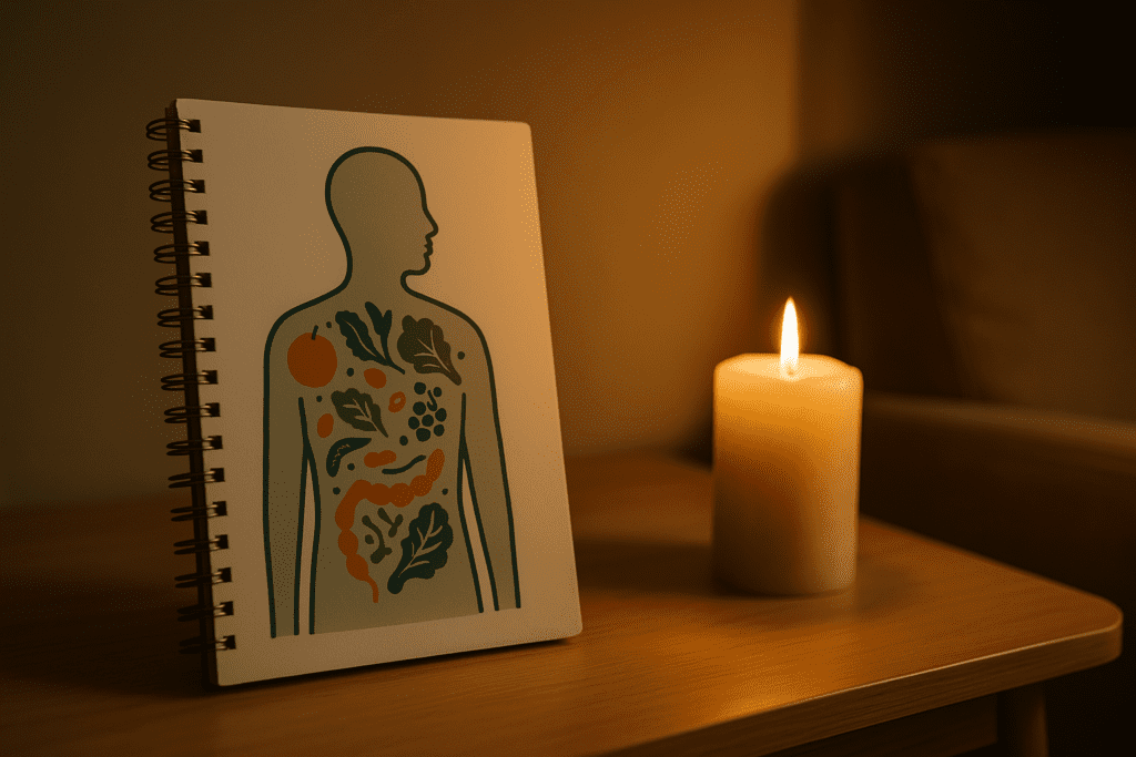 A spiral-bound journal featuring a human silhouette filled with microbiome-related illustrations lies on a light wooden table beside a softly glowing candle. The composition, under warm ambient indoor light, symbolically represents new nutrition findings and the intimate connection between gut health, disease prevention, and longevity
