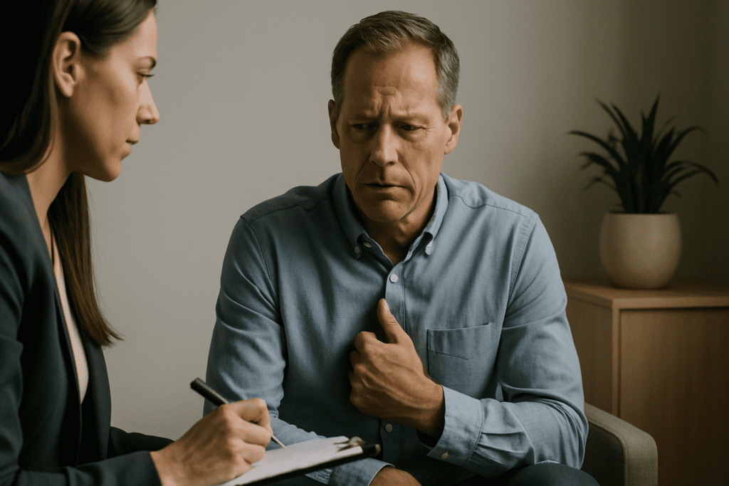 A middle-aged man sits pensively across from a female therapist in a minimalist clinical office setting, their quiet conversation unfolding under cool fluorescent light. The setting and expressions emphasize the growing clinical understanding of how microbiome health impacts psychological well-being and chronic disease risk