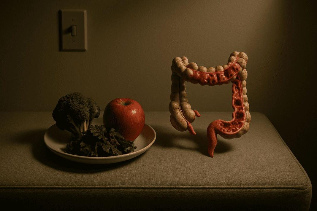 A soft gray bench in a dimly lit room holds a detailed anatomical model of the human intestine next to a plate of fresh fruits and vegetables. The moody directional lighting highlights the interplay between diet, gut microbiota, and their role in shaping disease resistance and long-term health outcomes