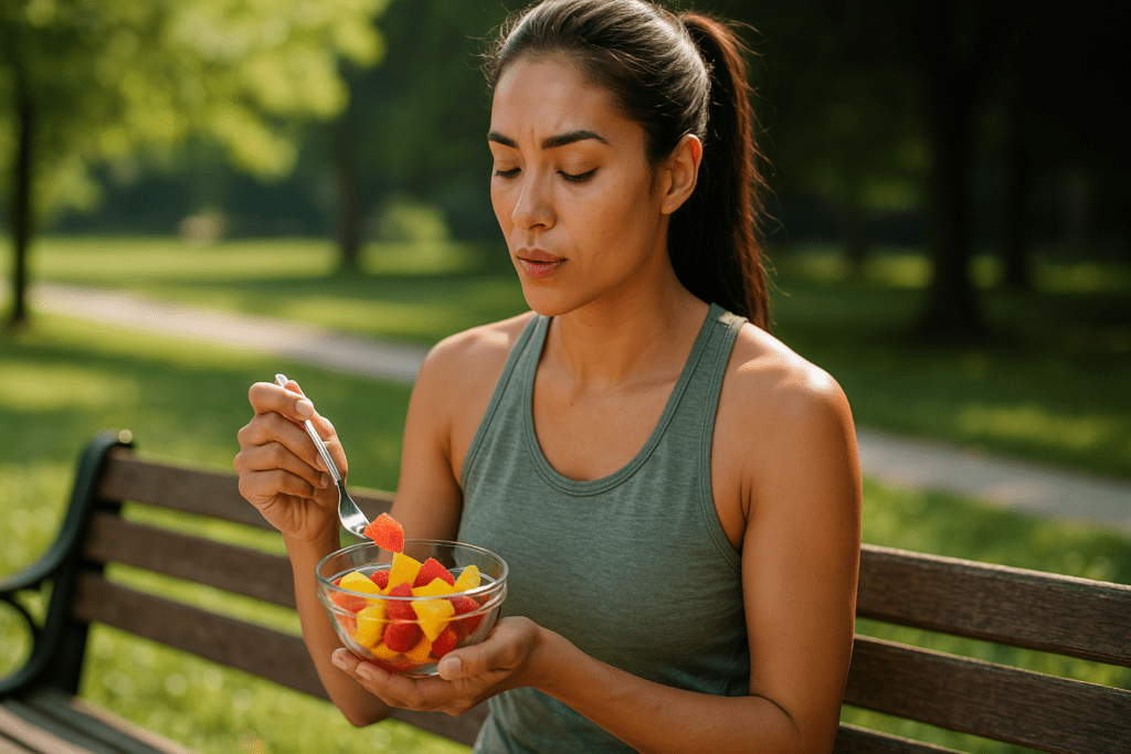 A young woman in athletic wear sits on a wooden bench in a sunlit park, enjoying a bowl of mangoes, strawberries, and grapefruit — fruits known to support metabolism. The soft natural lighting and vibrant greenery reinforce the connection between metabolic health and lifestyle habits in outdoor settings