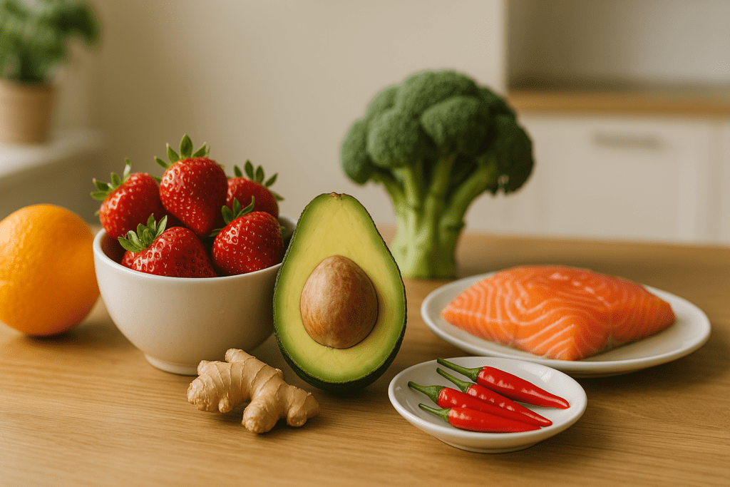 A clean kitchen scene features a carefully arranged display of metabolism-boosting foods, including salmon, avocado, broccoli, chili peppers, and strawberries, all illuminated by soft morning light. The minimalistic space keeps focus on the foods that research shows can enhance metabolic function