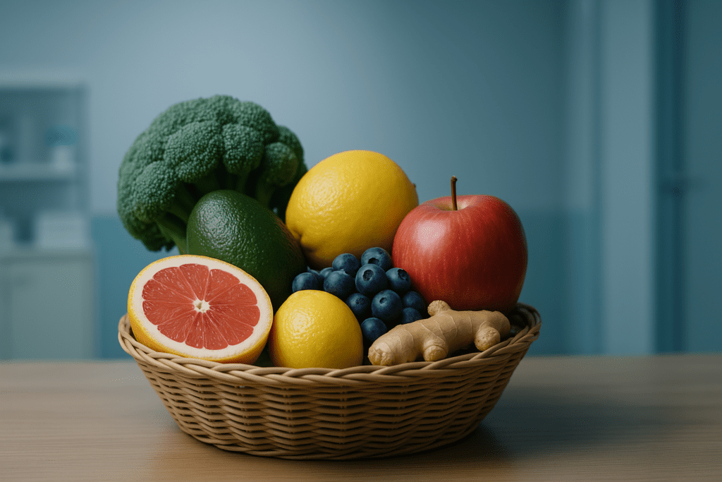 A wicker bowl filled with colorful metabolism-enhancing fruits and vegetables sits on a sterile countertop under cool fluorescent lights in a clinical setting. The environment subtly emphasizes evidence-based nutrition and science-backed dietary choices for improving metabolism