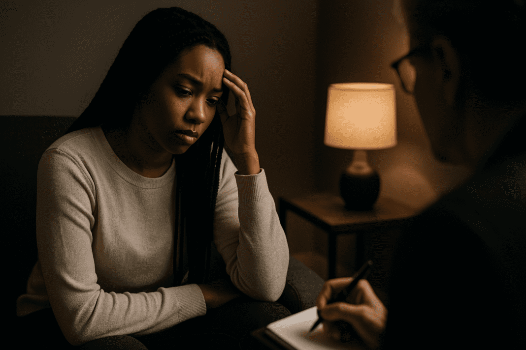 A woman sits thoughtfully in a warmly lit therapy office, her expression reflecting introspection as she discusses lifestyle and nutritional changes with a blurred therapist in the background. The scene visually represents the emotional and behavioral aspects tied to improving metabolism through mindful living