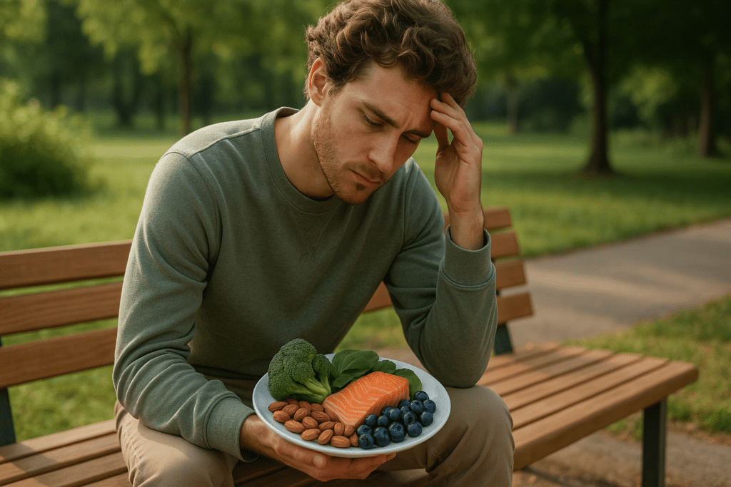 A young man sits alone on a wooden park bench under soft morning sunlight, gazing thoughtfully at a balanced meal of salmon, leafy greens, almonds, and blueberries. The serene greenery and calm atmosphere reflect the theme of eating for brain health and improving memory through nutrient-rich foods