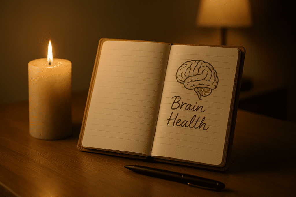 A tan hardcover journal lies open on a wooden table beside a softly glowing candle, its pages filled with handwritten reflections under warm ambient lighting. The minimalist setup and presence of a "Brain Health" sketch visually symbolize cognitive wellness and the mindful dietary habits that support memory enhancement