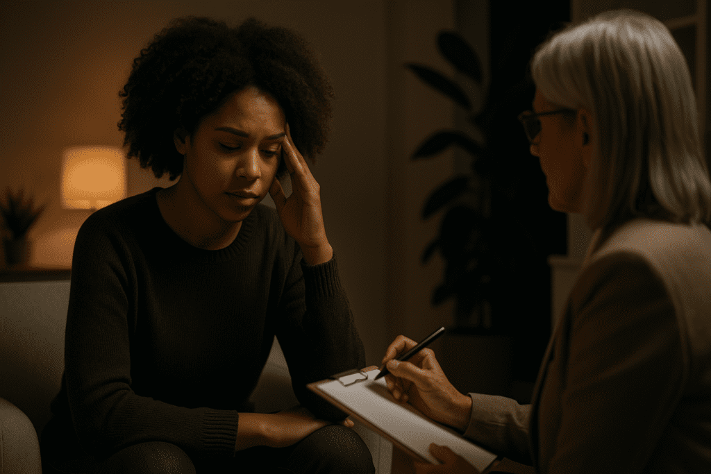 A young African American woman in a green sweater sits in quiet reflection during a nighttime therapy session, her thoughtful expression illuminated by warm, moody lighting. The calming clinical space, paired with the therapist’s attentive posture, conveys the emotional side of improving brain power and mental clarity through lifestyle and dietary changes
