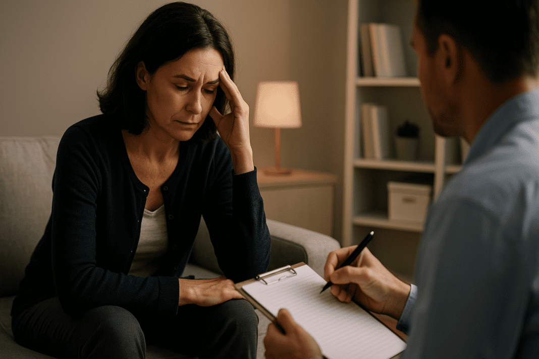 In a clean, professional office space lit by soft natural light, a middle-aged woman engages in a focused therapy session, her face showing signs of introspection as the therapist listens attentively. The setting evokes a clinical yet empathetic environment, reinforcing the importance of brain-boosting foods and supportive care in cognitive health
