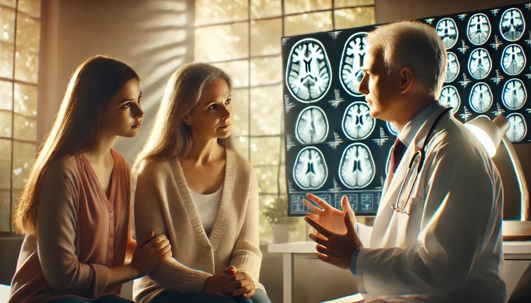 Neurologist discussing cognitive brain damage symptoms with family in clinical consultation setting