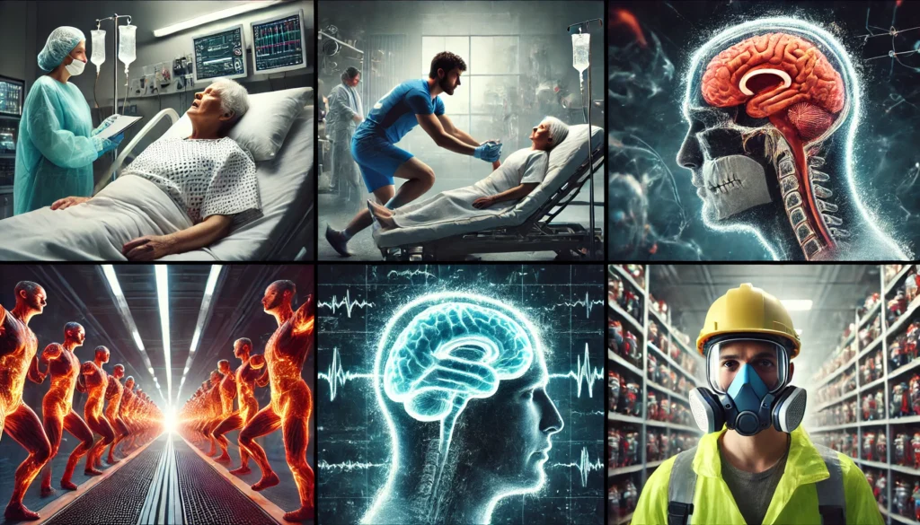 Visual representation of diverse causes of cognitive brain damage symptoms including stroke, injury, and toxins