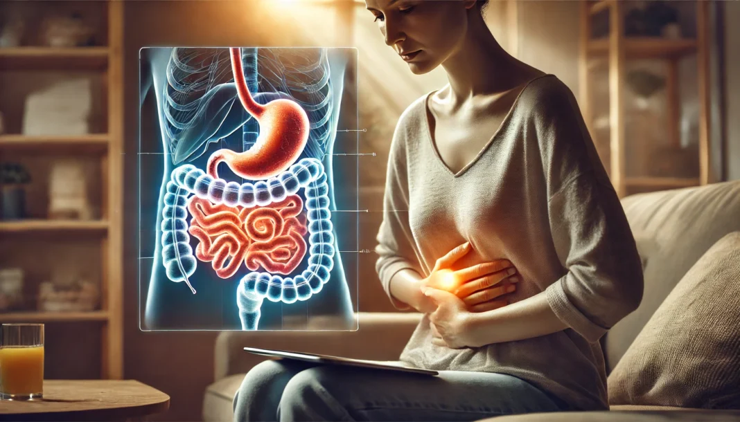 Person researching colitis medicine with inflamed intestine overlay representing gut inflammation and IBD care