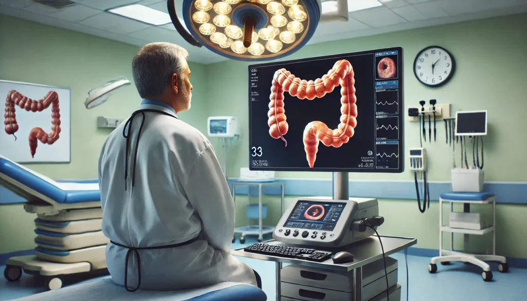 Doctor explaining IBD diagnostic test results to patient using colonoscopy visuals in clinical setting
