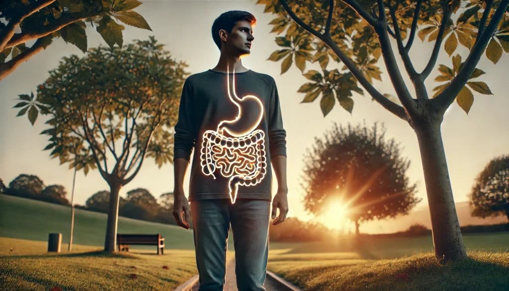 Person symbolizing recovery from IBD walking peacefully with glowing digestive tract overlay representing colitis healing