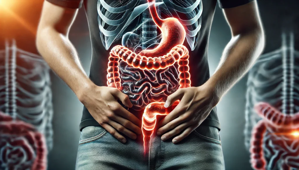 Conceptual image of a person experiencing lower abdominal pain and colon-related symptoms