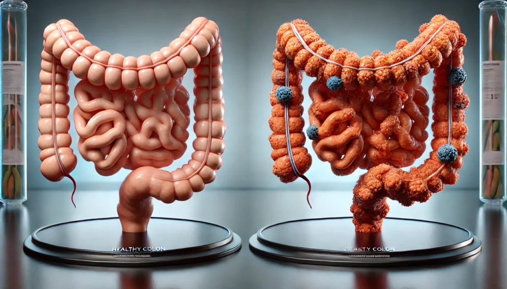 Scientific comparison of a healthy colon and a colon showing polyps and early-stage cancer signs