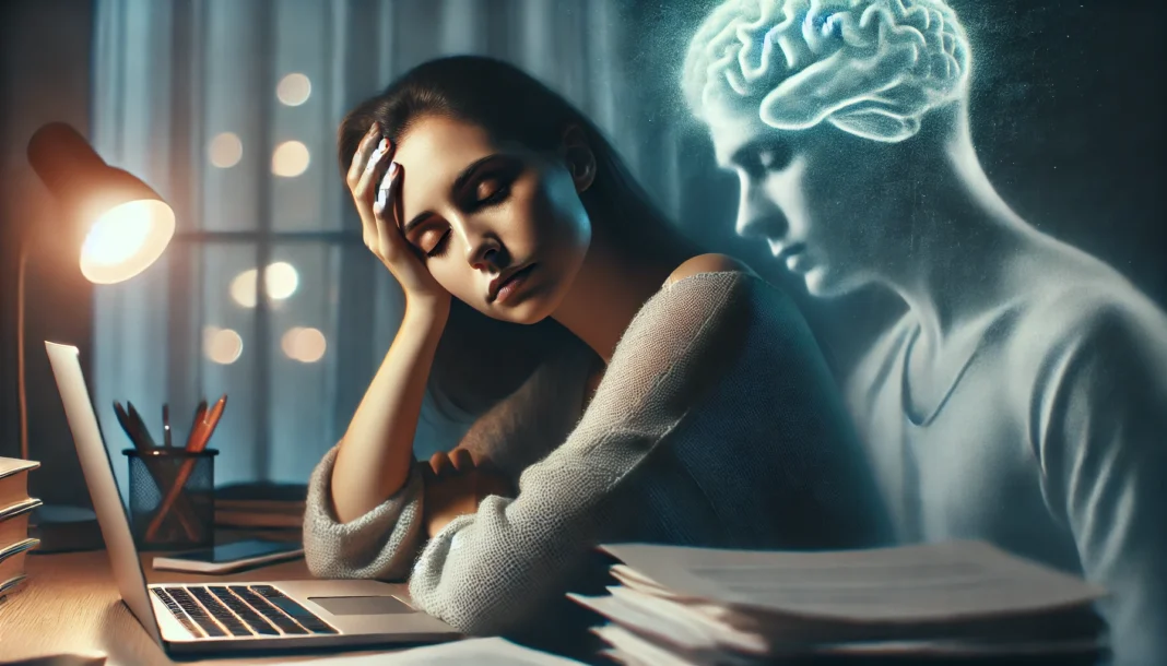 Woman experiencing confusion and fatigue sitting at desk with eyes closed, visually representing the focus keyword confusion and fatigue.