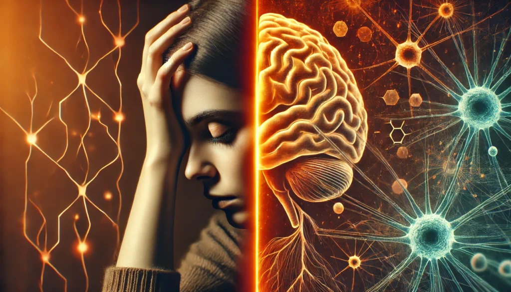 Split-scene image showing exhausted woman and neural pathways representing neurological and hormonal roots of confusion and fatigue.