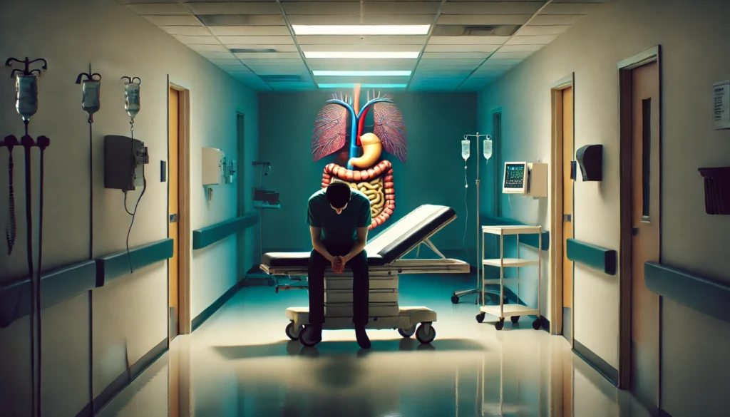 Person sitting in hospital corridor showing early signs of confusion fatigue and weakness as indicators of deeper disease.