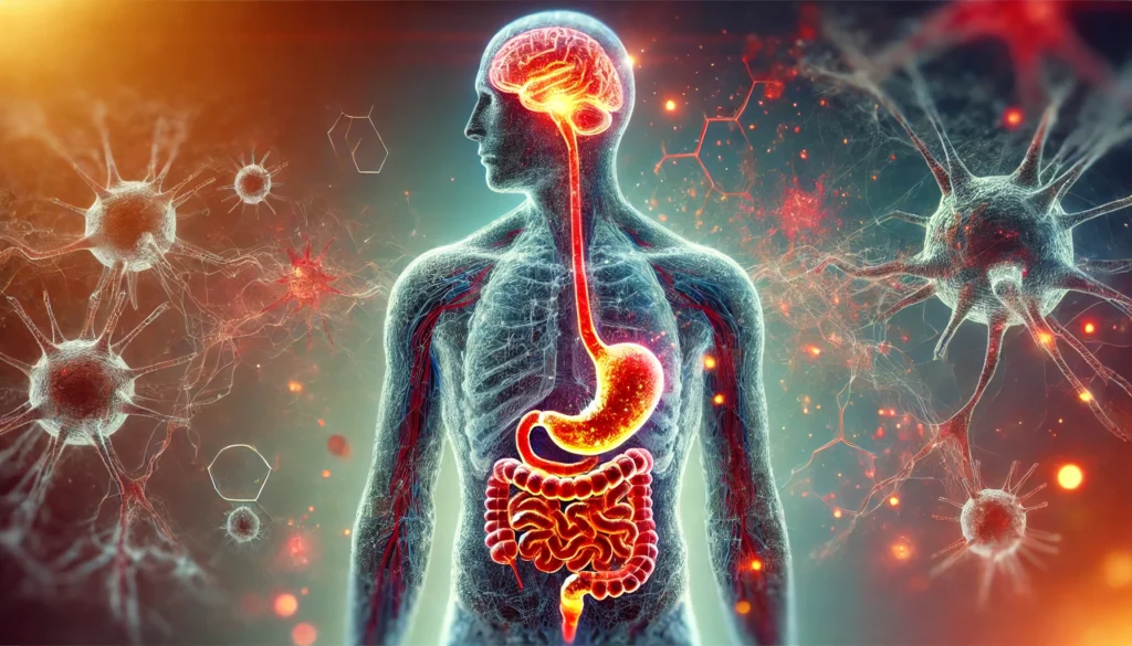 Medical visualization of systemic inflammation affecting brain and gut representing confusion and fatigue.