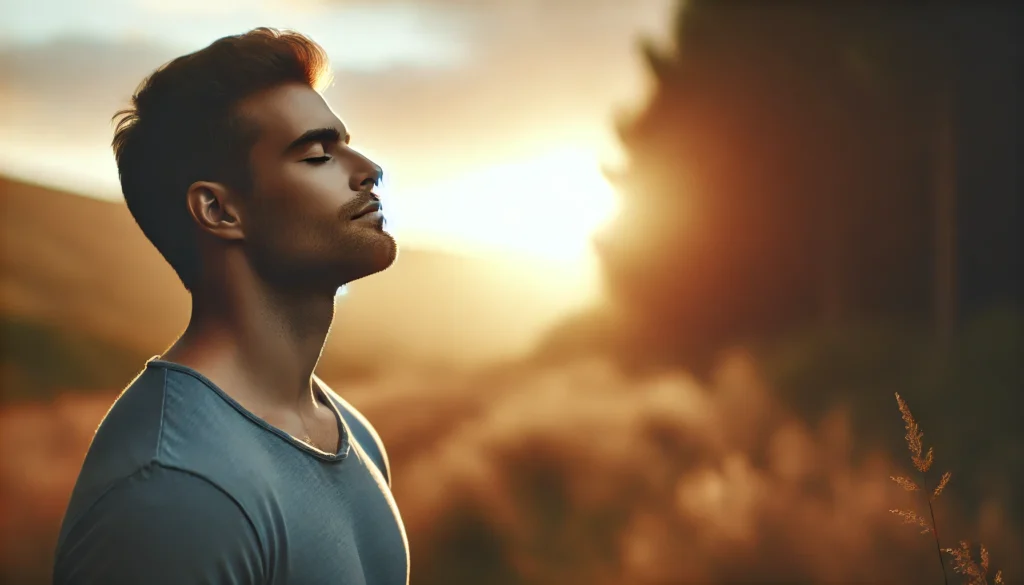 Man standing in sunrise-lit field with a peaceful expression symbolizing recovery from confusion and fatigue.