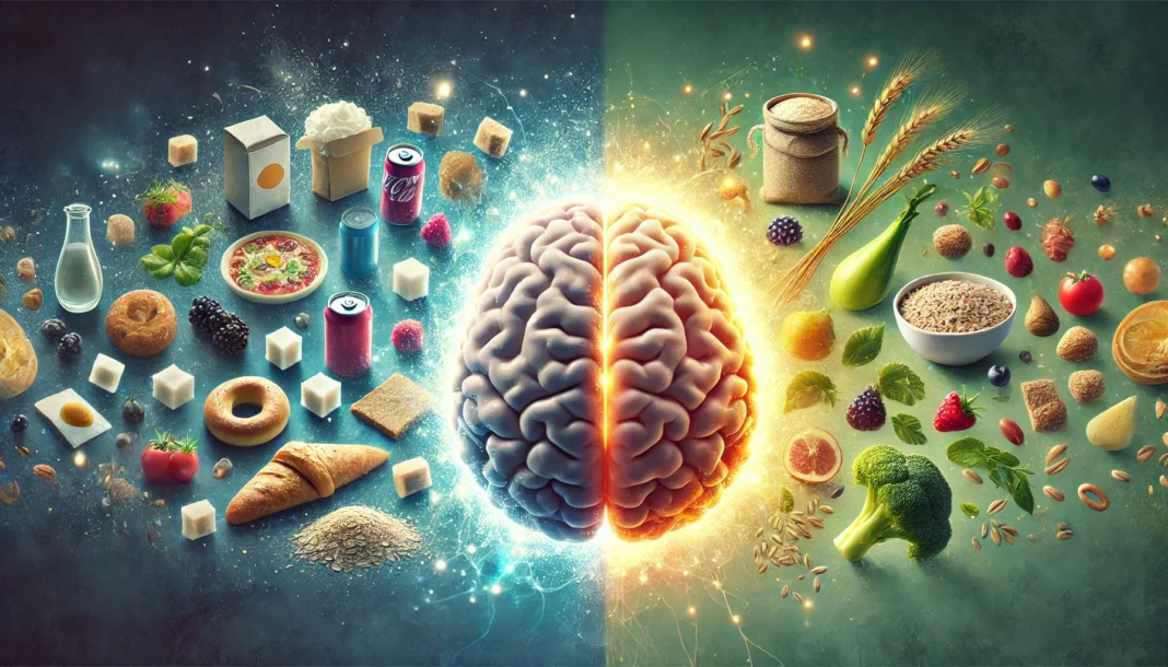 Split-scene showing refined carbs and healthy foods influencing a glowing brain to represent do carbs cause brain fog
