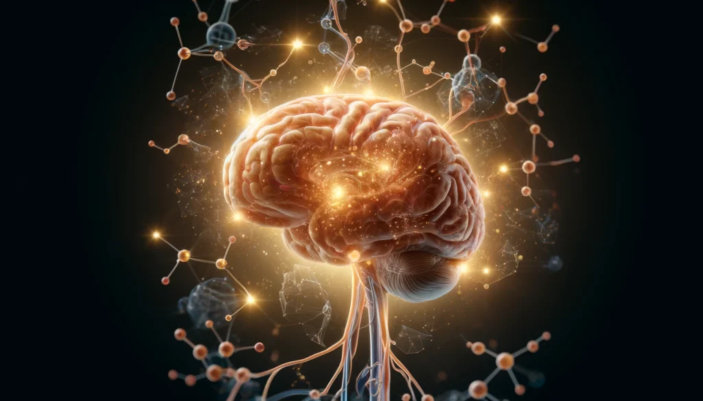 Human brain lit with neural activity surrounded by glucose molecules illustrating the science behind do carbs cause brain fog