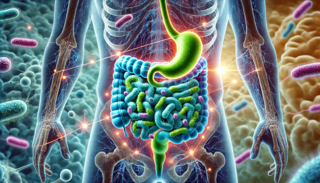 Artistic gut microbiome connected to brain showing gut-brain axis relevance in do carbs cause brain fog
