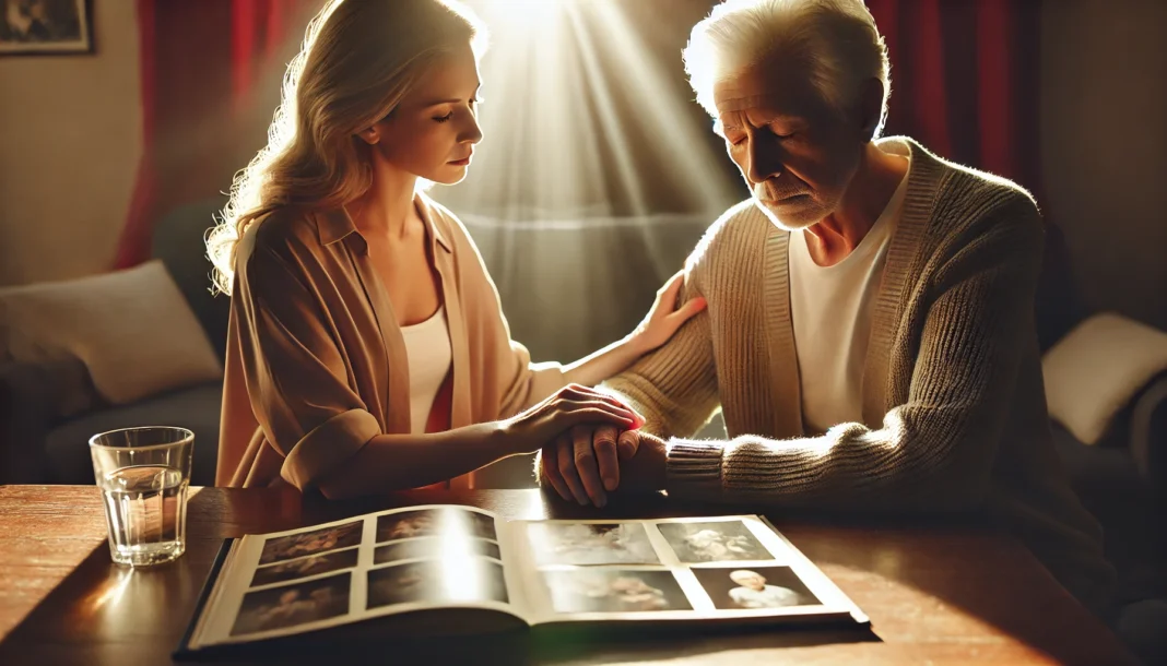 Elderly person reflecting silently while caregiver offers emotional support, evoking early signs of confusion in dementia