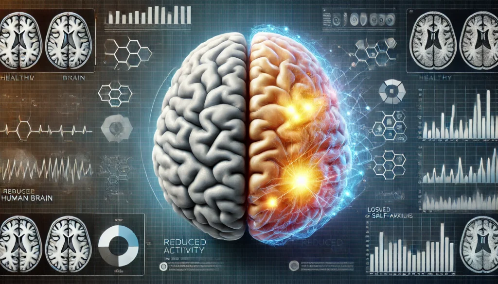 Comparison of healthy and dementia-affected brain highlighting areas linked to self-awareness decline.