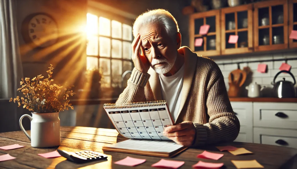 Elderly man experiencing early confusion and emotional awareness of dementia while looking at daily notes.