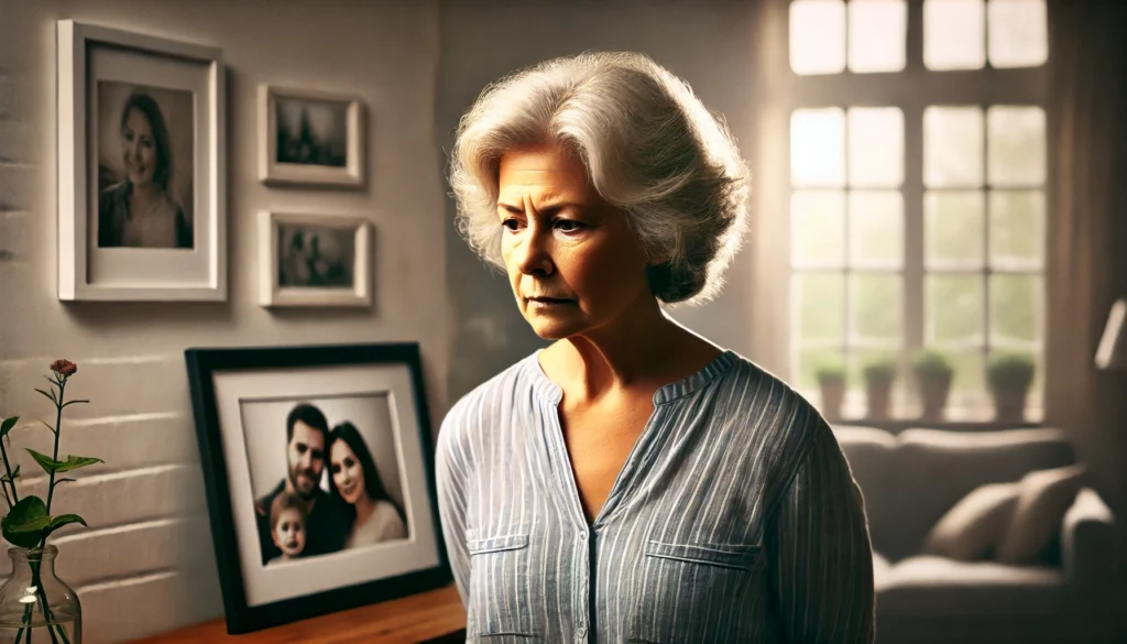 Confused elderly woman looking at familiar photograph, illustrating fluctuating awareness in dementia.