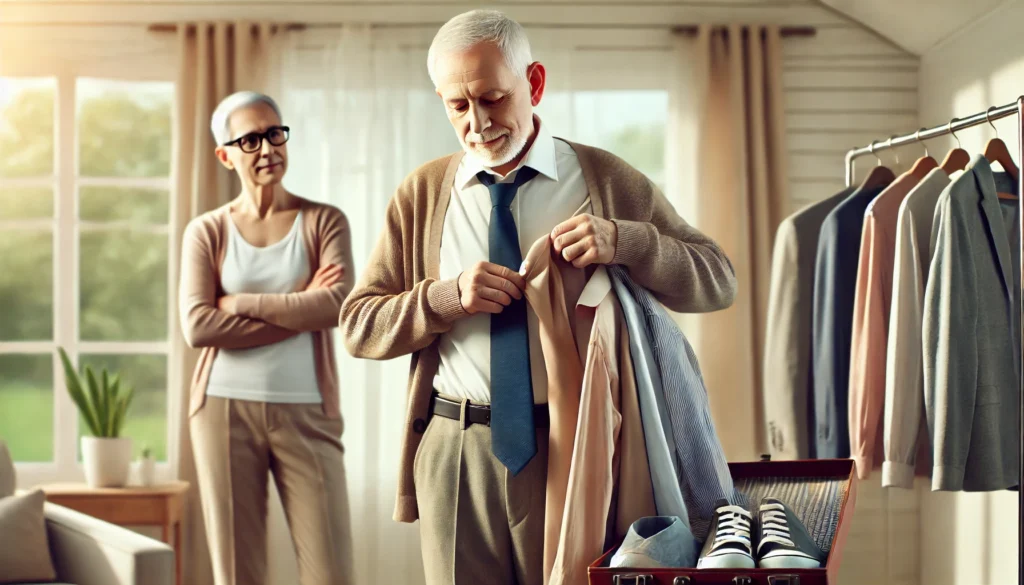 Dementia patient unaware of cognitive decline while caregiver observes, symbolizing loss of insight or anosognosia.