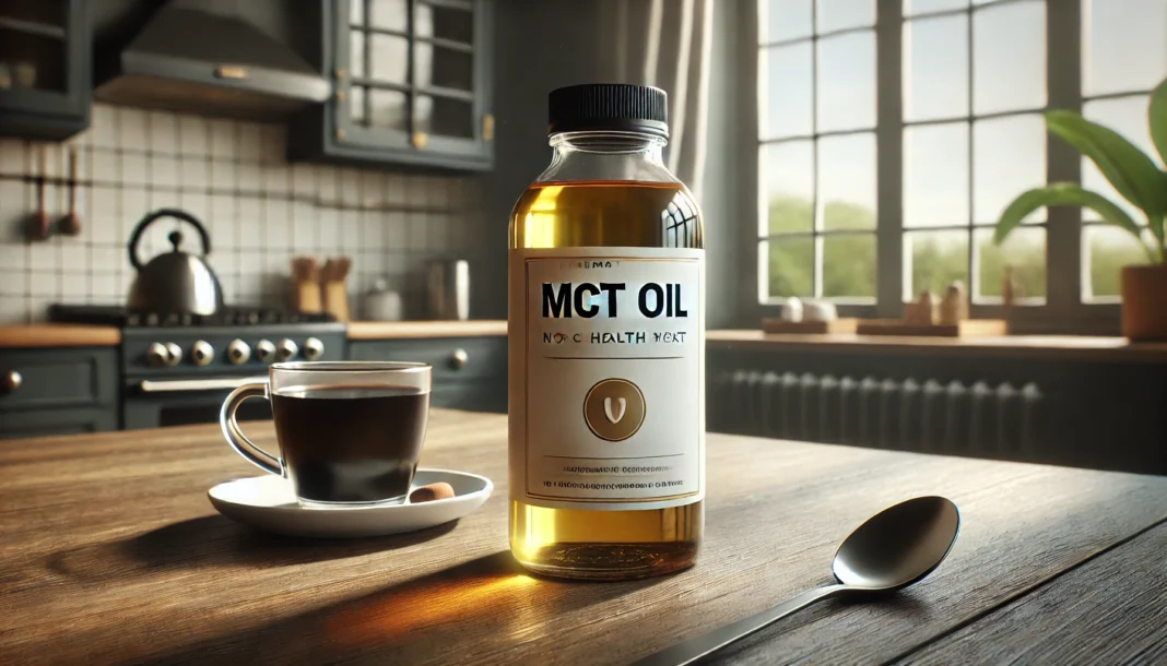Freshly opened bottle of MCT oil on kitchen counter showing ideal storage to answer does MCT oil go bad concerns.