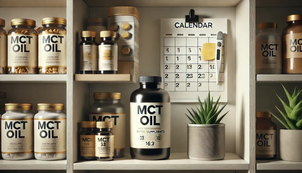Healthy kitchen scene featuring coconut oil and MCT oil with labels, explaining storage tips for does MCT oil go bad concerns.