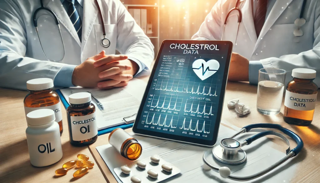 Doctors reviewing cholesterol charts and supplements, reflecting FAQs about MCT oil and LDL cholesterol