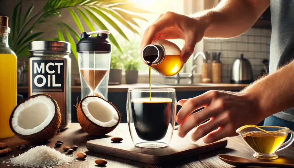 MCT oil being added to coffee, reflecting popular use despite concerns it may increase LDL cholesterol