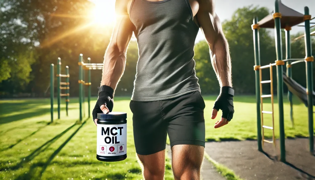 Healthy adult walking with MCT-infused drink, suggesting its role in LDL cholesterol management and weight control