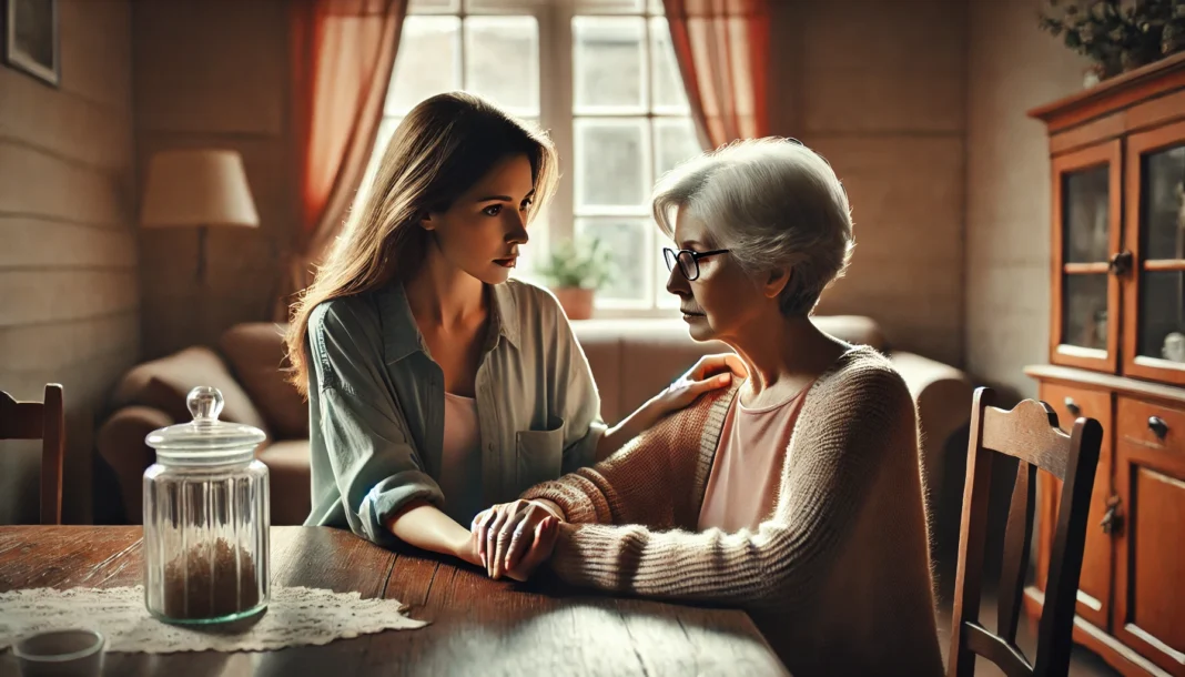 Daughter holding elderly mother's hand in a warmly lit room, expressing concern about early signs—does my mother have dementia