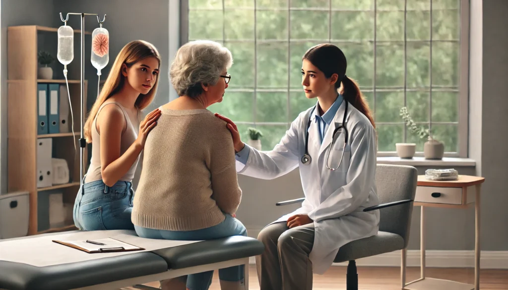 Mother and daughter together during doctor visit, supporting one another while addressing does my mother have dementia