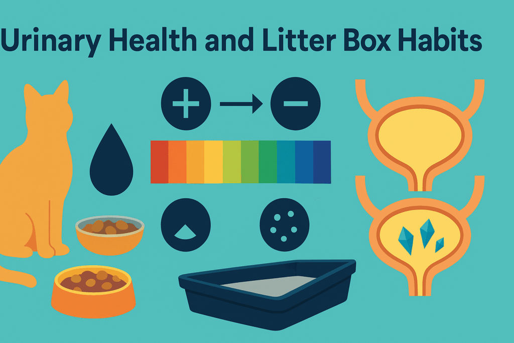 Infographic showing how hydration, pH balance, and crystal prevention in cat diets affect urinary health and litter box habits.
