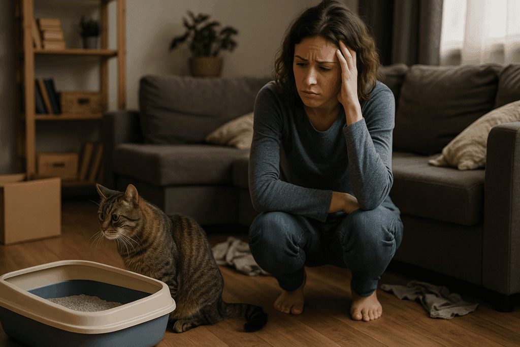Anxious tabby cat near a litter box while a worried woman observes, illustrating stress from poor litter box habits.