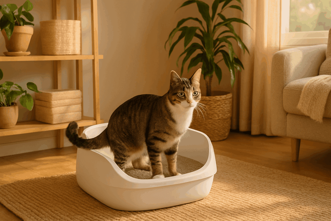 Tabby cat confidently using a clean litter box in a cozy living room, illustrating healthy litter box habits.