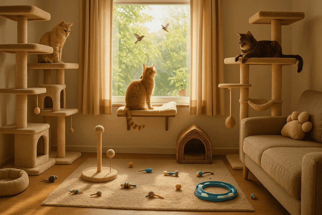 Cozy living room designed for cats featuring cat trees, toys, and a cat watching birds through a sunny window.