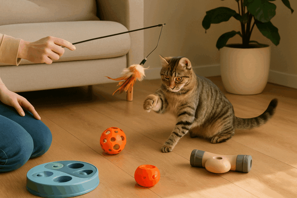Person playing with a tabby cat using a feather wand toy, surrounded by puzzle feeders and treat-dispensing toys consistent with Dr. Elsey's feline health approach.