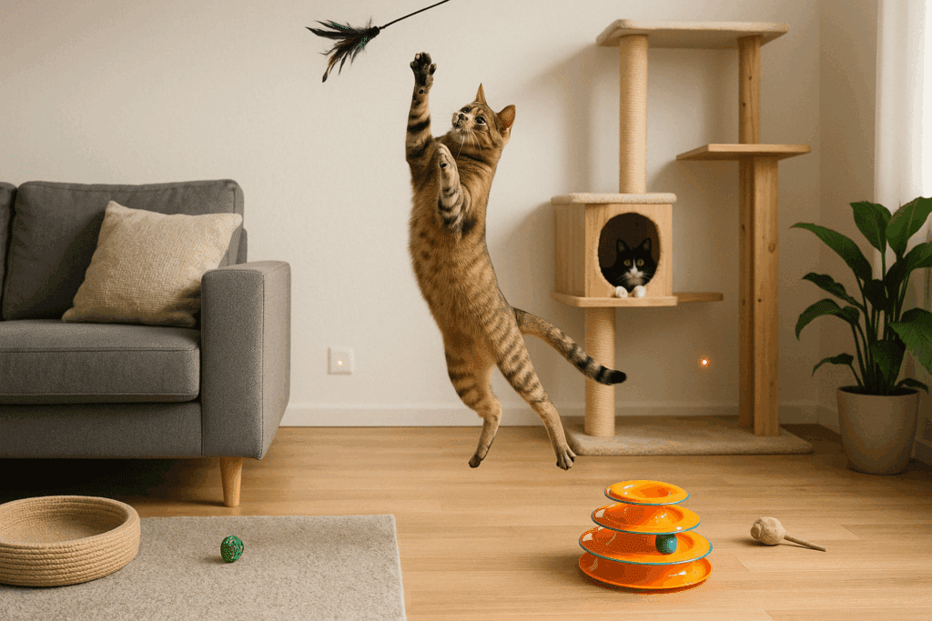 Indoor cat jumping to catch a feather toy in a bright living room with climbing structures and toys, supported by Dr. Elsey’s enrichment approach.