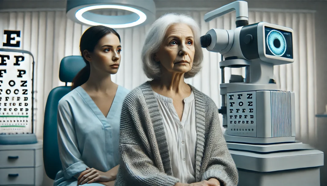 Elderly woman undergoing eye scan to detect early Alzheimer vision problems in clinical setting