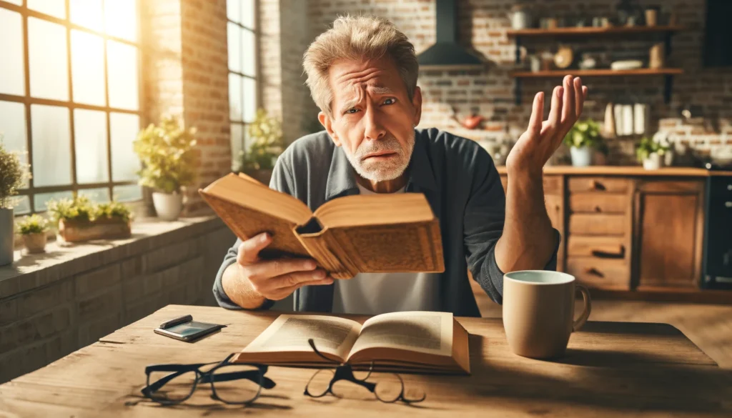 Older man struggling with reading due to early Alzheimer vision problems at home