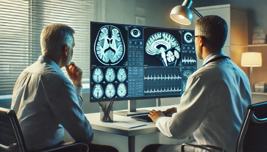 Neurologist analyzing brain and eye scan for early Alzheimer vision problems during clinical assessment