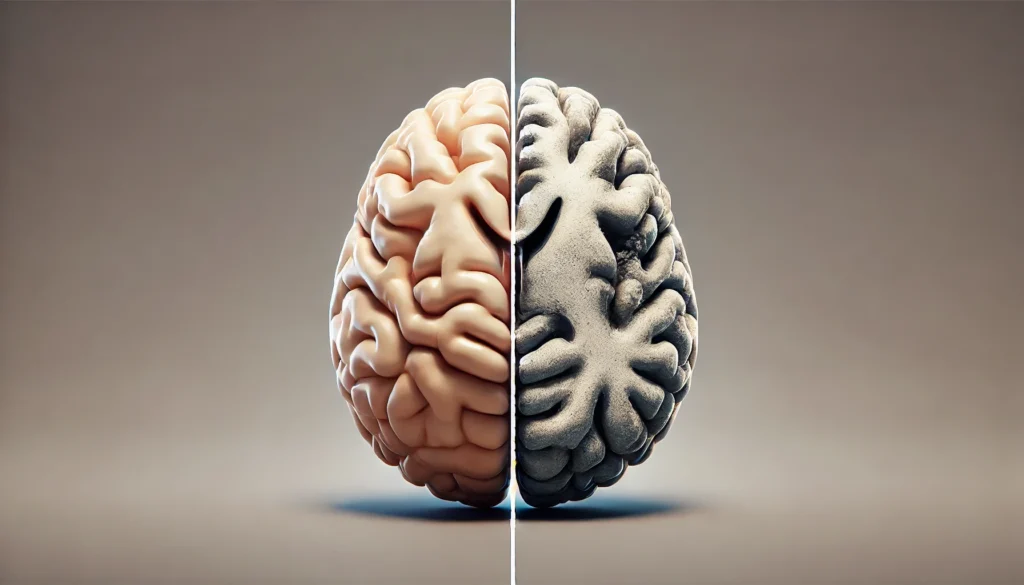 Comparative view of healthy brain versus Alzheimer’s-affected brain showing early changes in dementia.